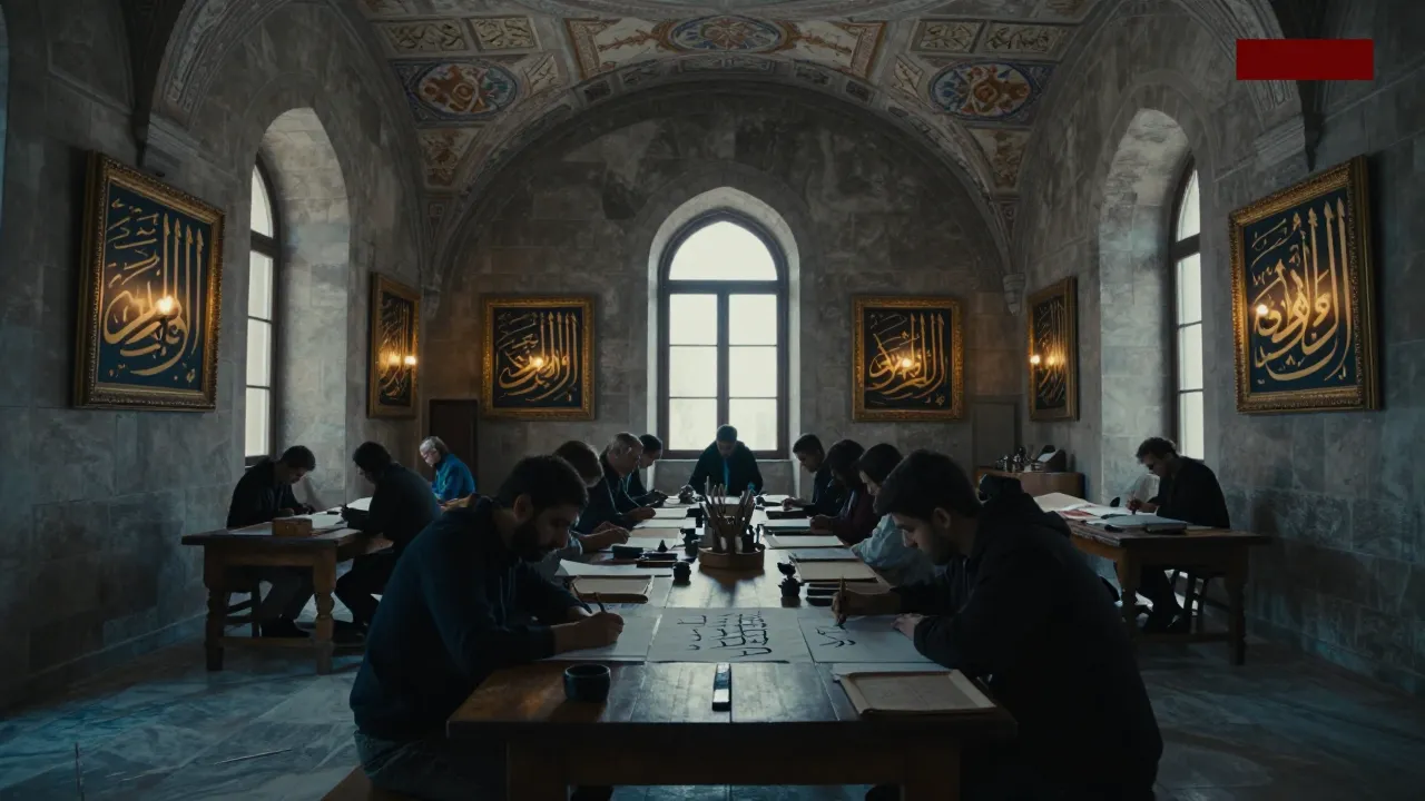 A Renaissance castle room decorated with framed Arabic calligraphy, with visitors participating in a workshop around tables covered with brushes and writing sheets.
