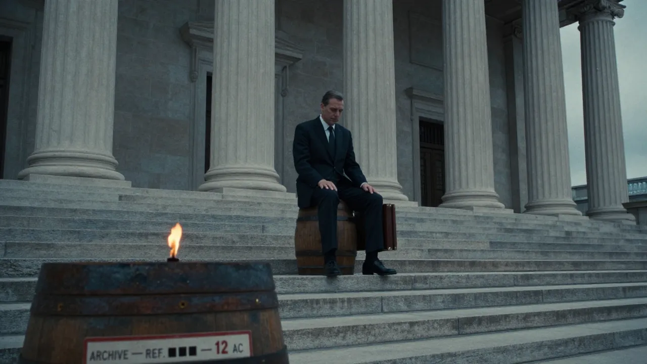 A minister in a suit sitting on a powder keg with a lit fuse, in front of the columns of the National Assembly.