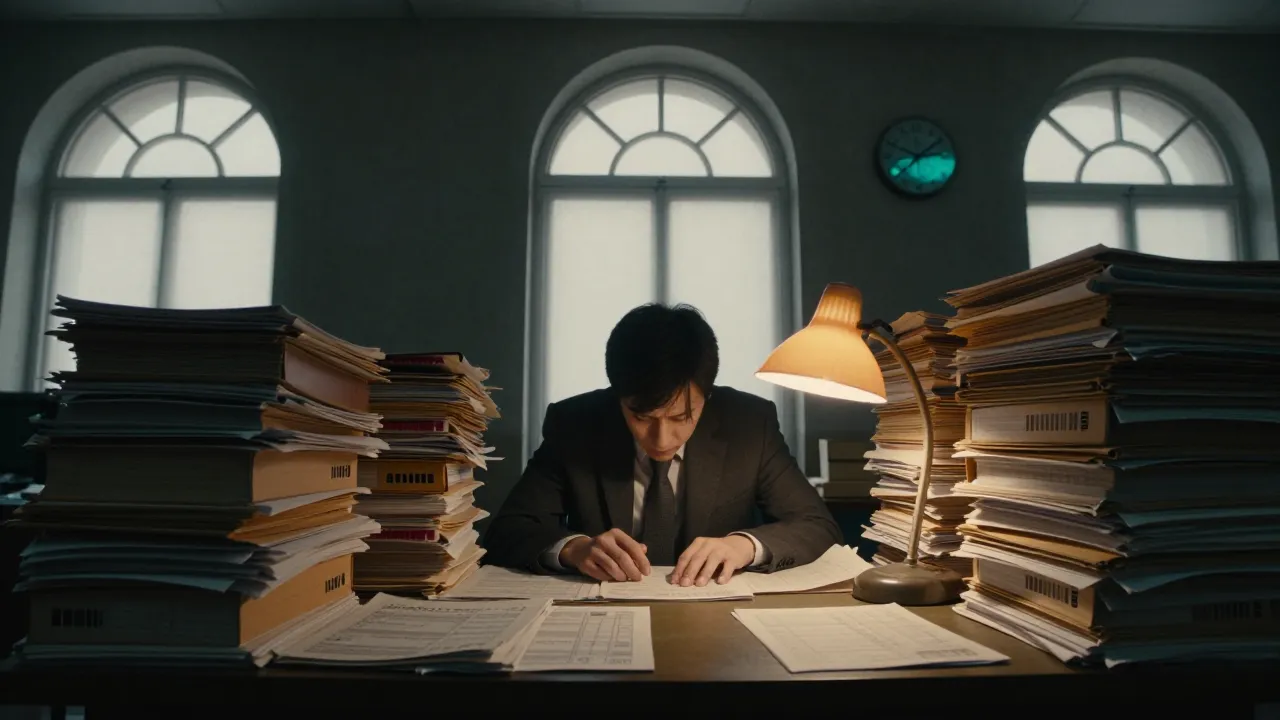 A civil servant leaning over stacks of budget files in an austere ministry office.