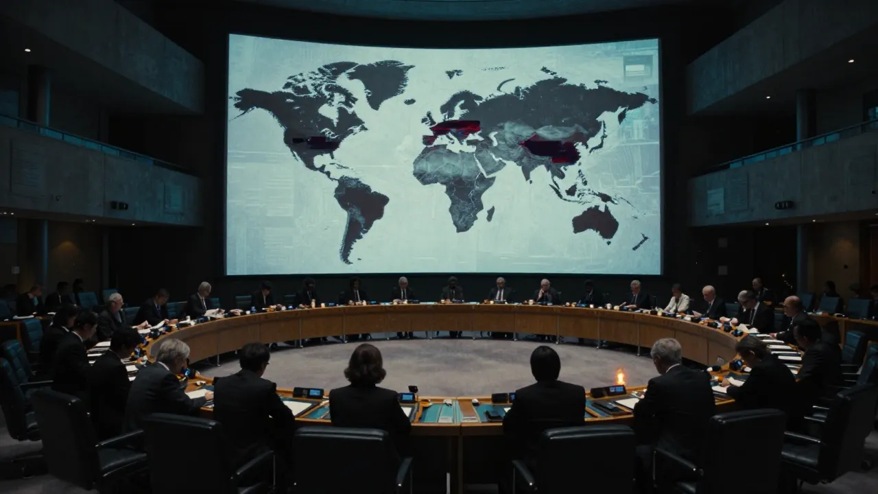 A UN conference room with delegates seated around a large round table, a world map projected in the background.