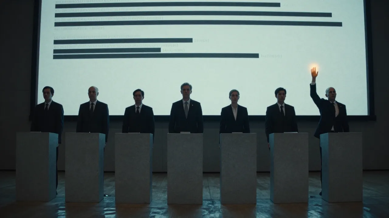 A row of Republican candidates on stage during a televised debate, with only one arm raised among them.