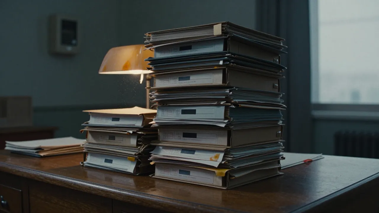 A stack of fifty dusty political files piled on a French administrative desk from the 1970s.