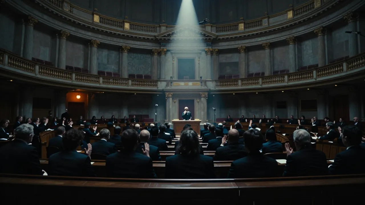 A chamber of the French National Assembly with deputies seated in the hemicycle during a solemn vote.