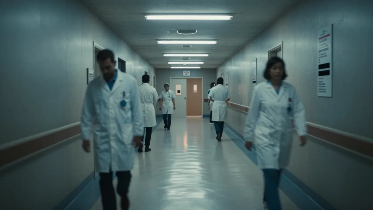 A busy public hospital corridor with healthcare workers in white coats passing each other under cold lighting and institutional signs on the wall.