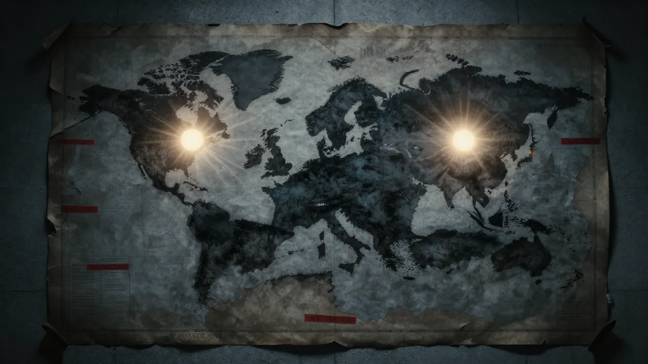 Une carte du monde divisée en zones d'ombre et de lumière, avec Washington et Pékin illuminés au centre et l'Europe plongée dans la pénombre.