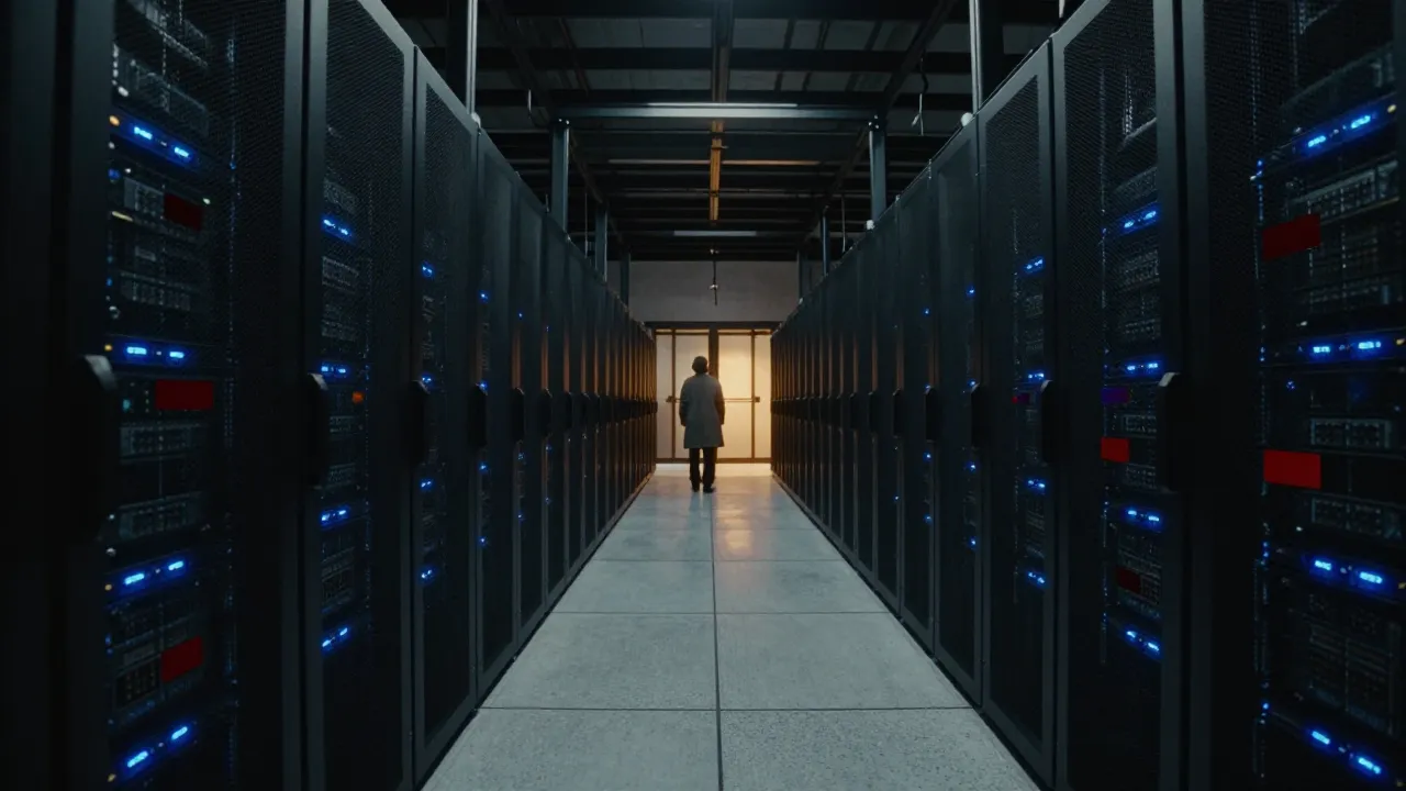 Une salle de serveurs géante d'un datacenter américain avec des rangées de machines illuminées en bleu s'étendant à perte de vue.