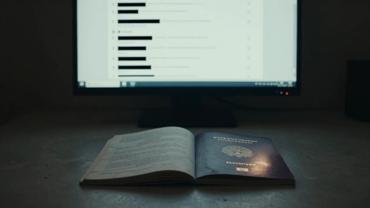An open passport placed in front of a computer screen displaying the Reddit interface.