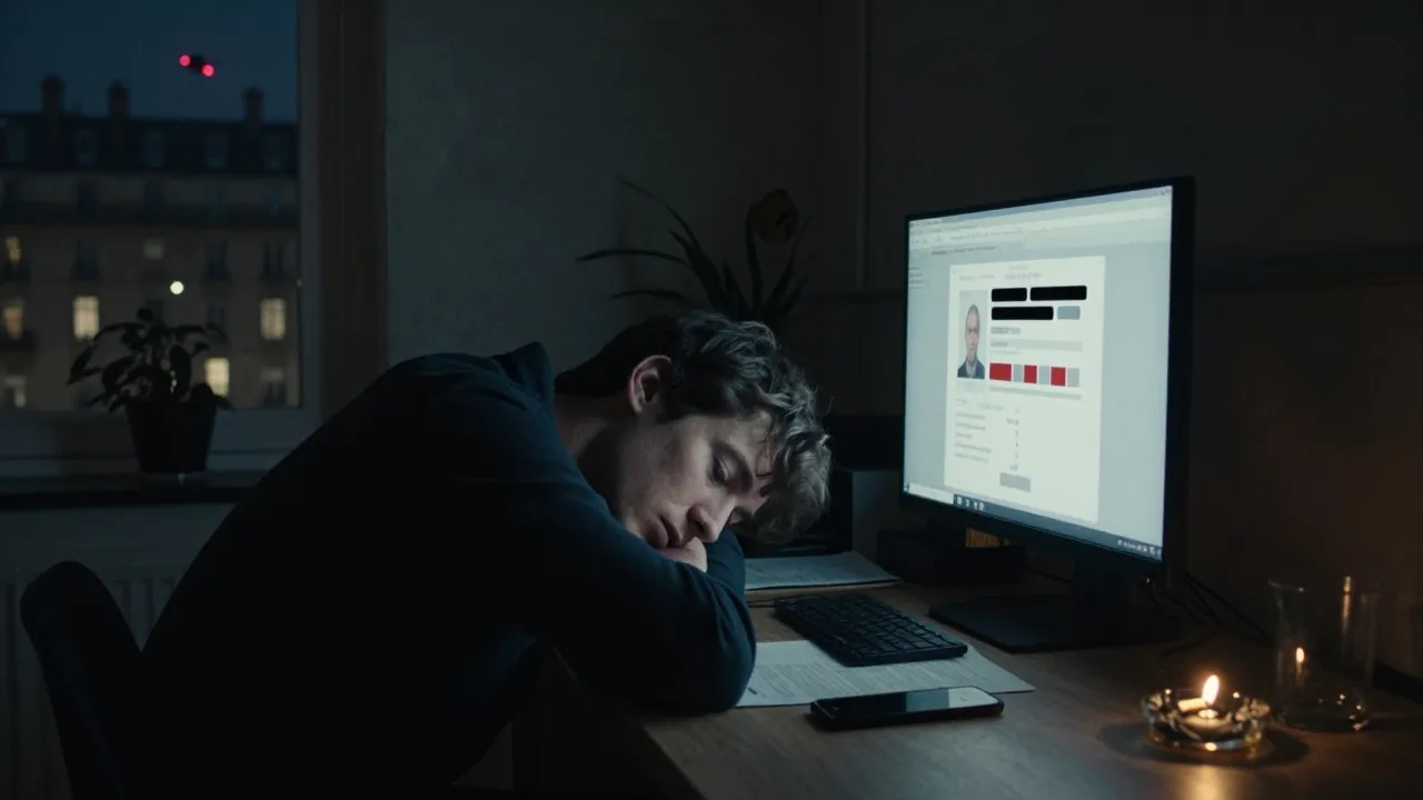 A person in distress in front of a computer screen displaying a passport scan request before accessing a mutual aid forum.