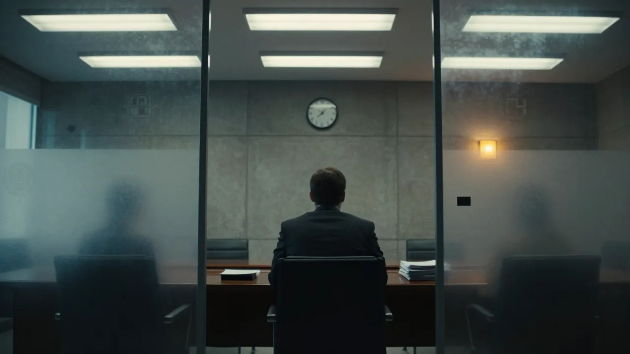 A minister in a dark suit answering questions behind closed doors in an austere government meeting room.