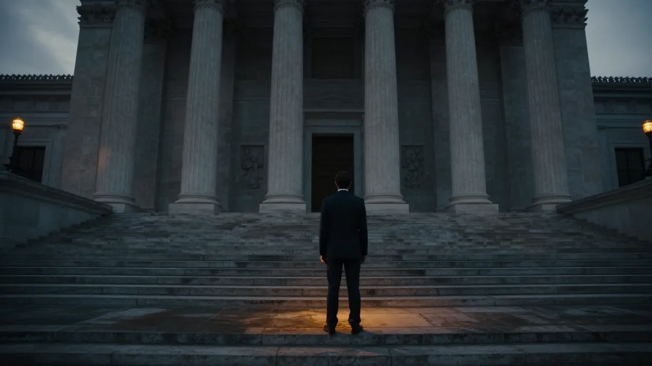 A prime minister standing in front of an imposing supreme court building, turning his back to it.