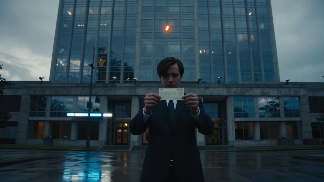 Sam Altman holding a $300 check in front of OpenAI headquarters.