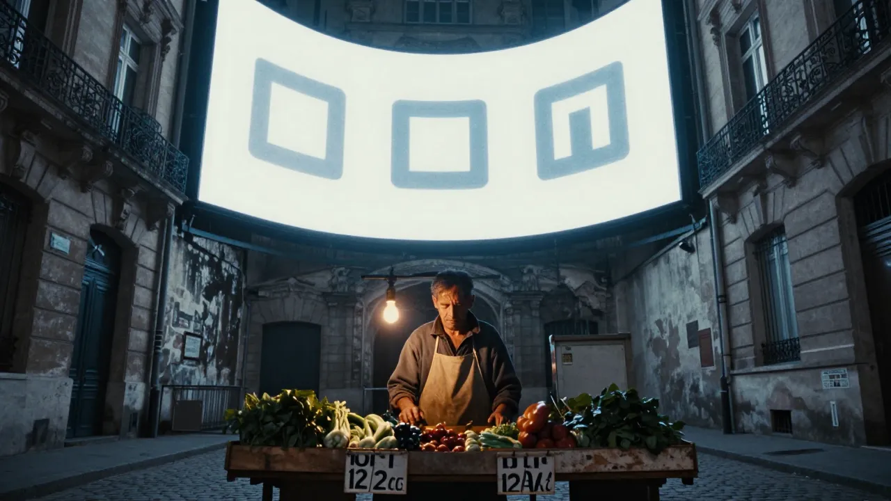 A small, isolated producer behind their market stall, crushed by the gigantic shadow of billboards featuring the logos of major digital platforms.