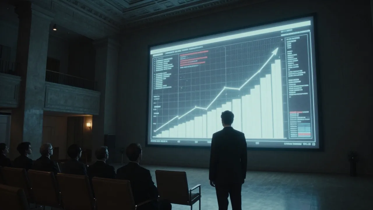 An economist in a suit presents glowing computer-generated charts in a large, institutional-looking conference room.