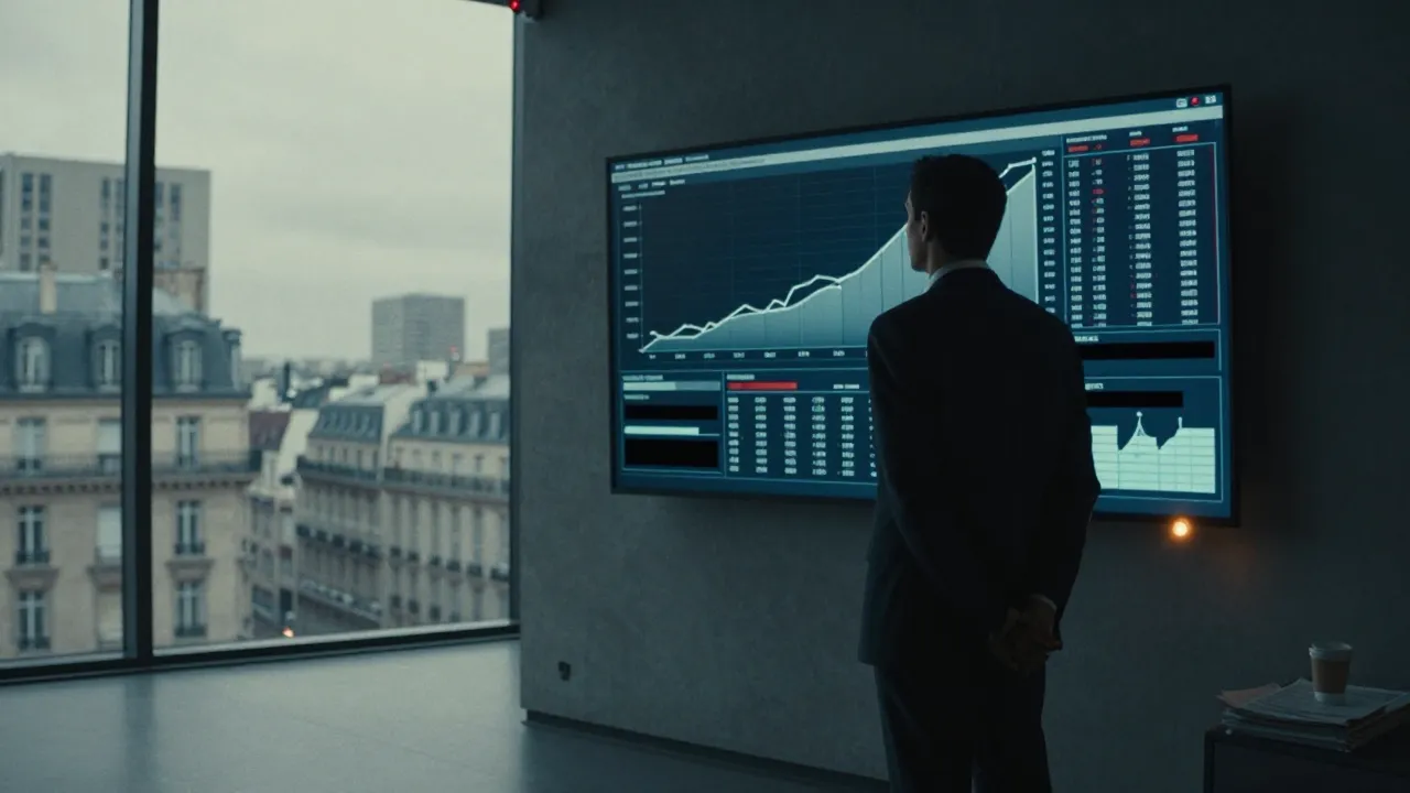 An economist in front of a digital dashboard displaying growth curves in a modern office.