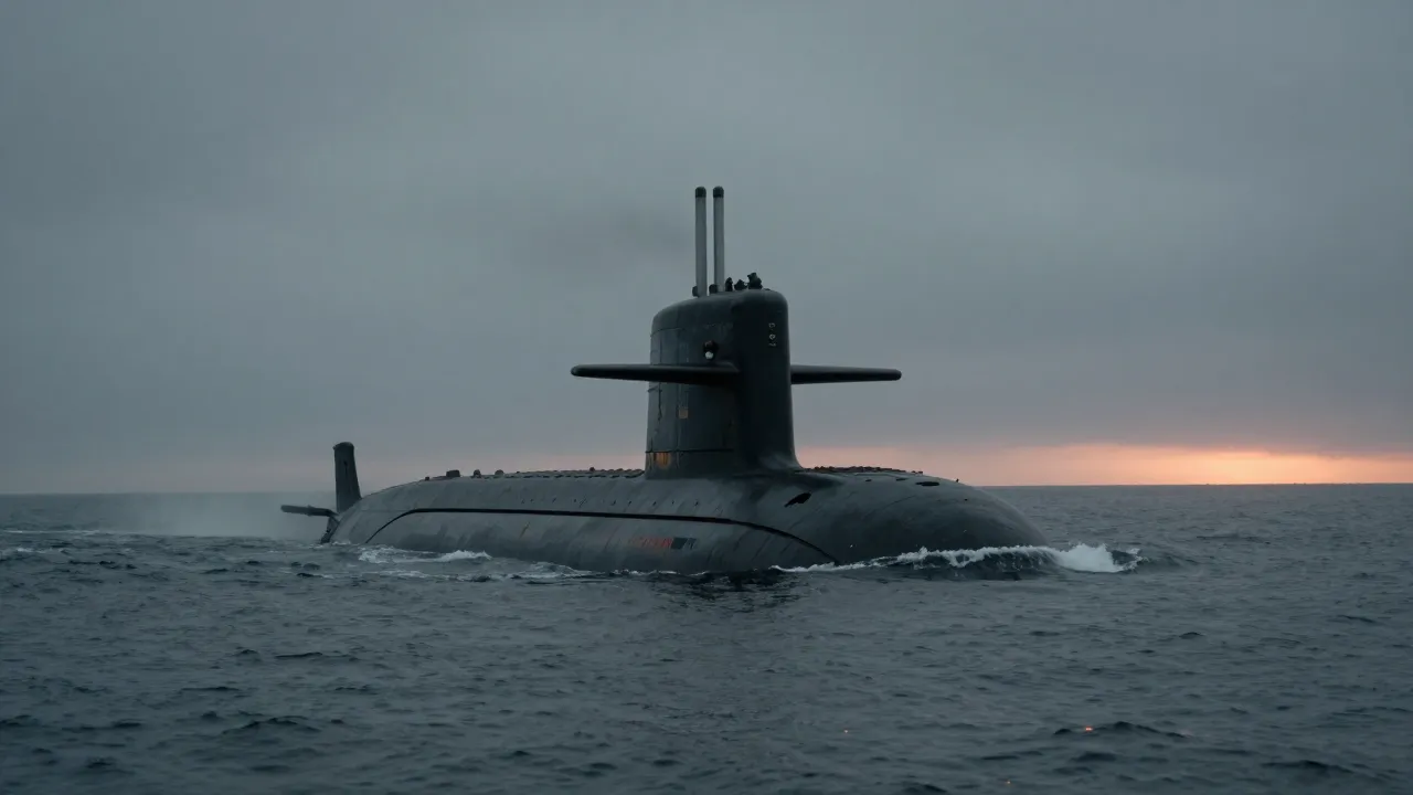 A nuclear submarine emerging at the ocean's surface under a gray sky, an imposing and menacing silhouette.