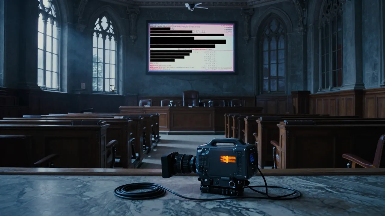 An empty parliamentary committee room plunged into darkness, with an unplugged and abandoned television camera in the foreground.