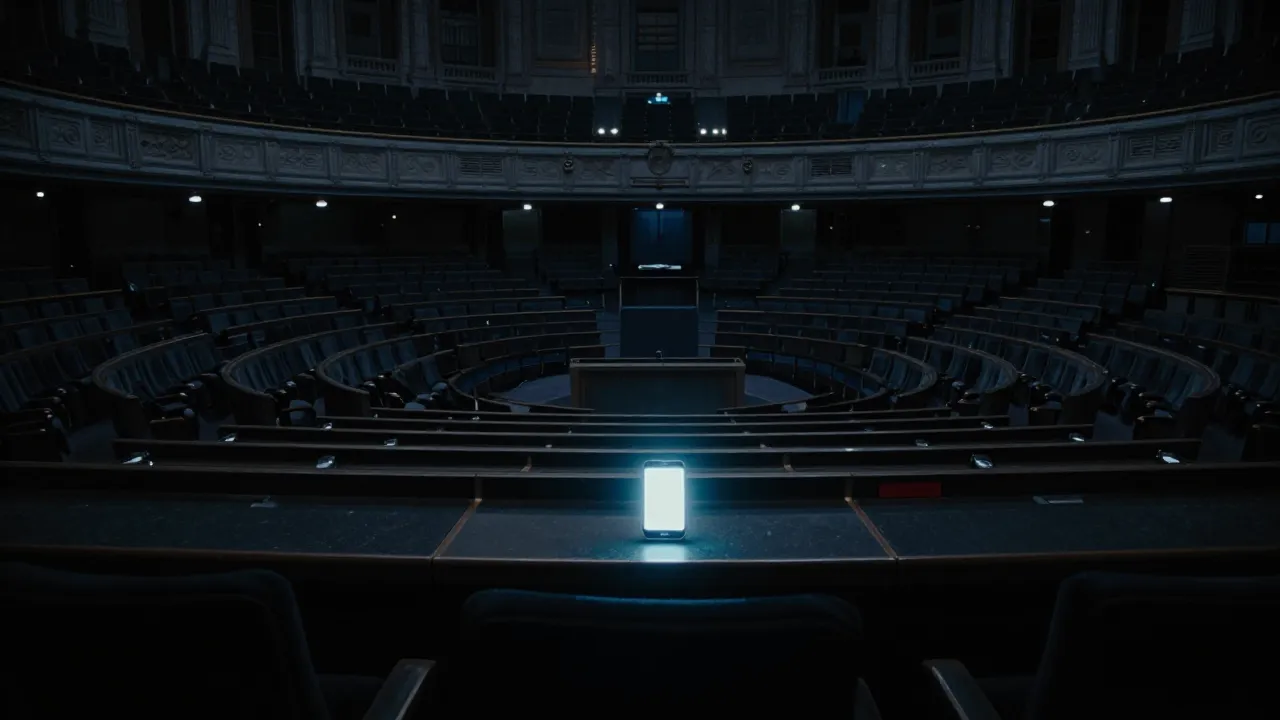 Un hémicycle du Parlement européen vide et plongé dans la pénombre, avec un smartphone allumé posé seul sur un pupitre, son écran projetant une lumière froide sur les sièges inoccupés.