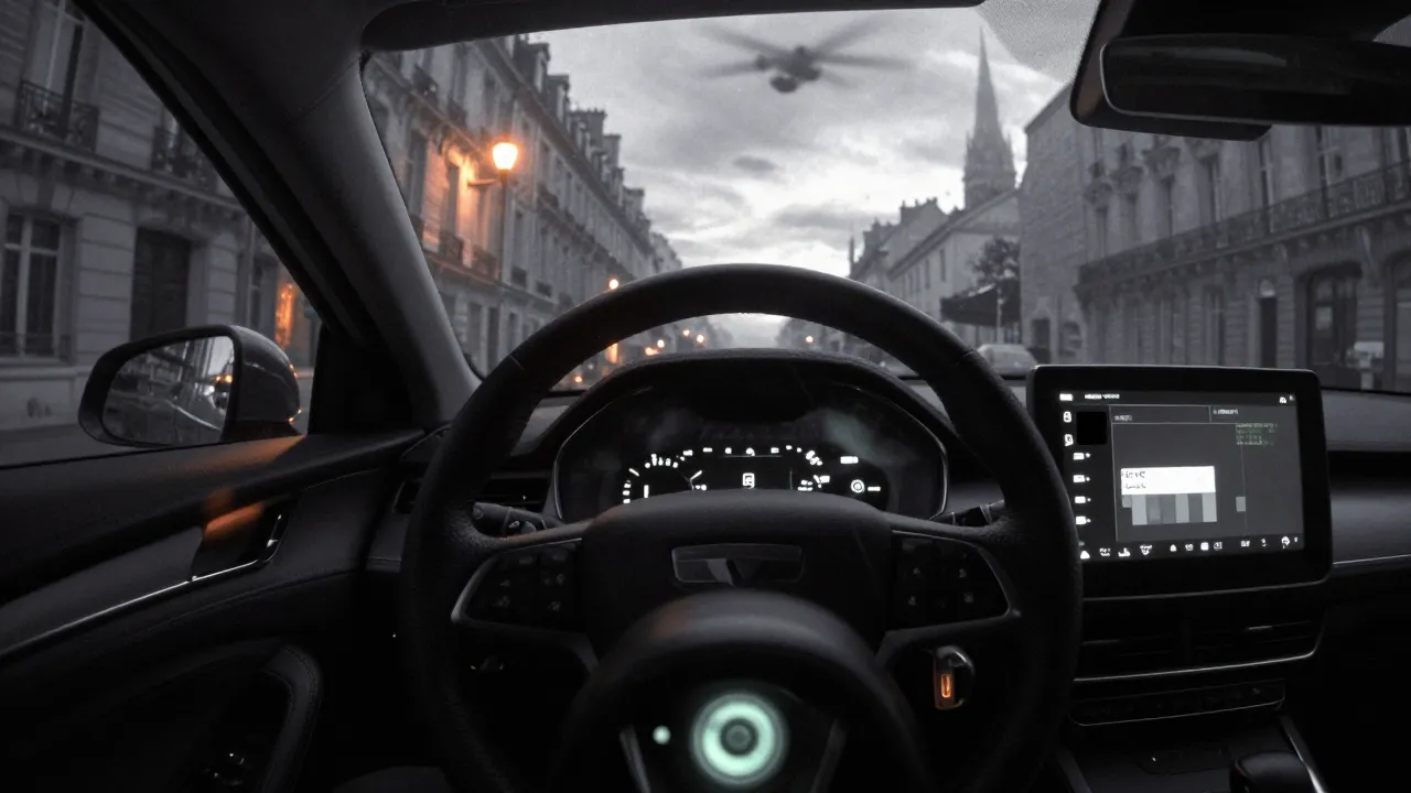 A discreet infrared camera mounted behind the steering wheel of a new car, pointed at the empty driver's seat.