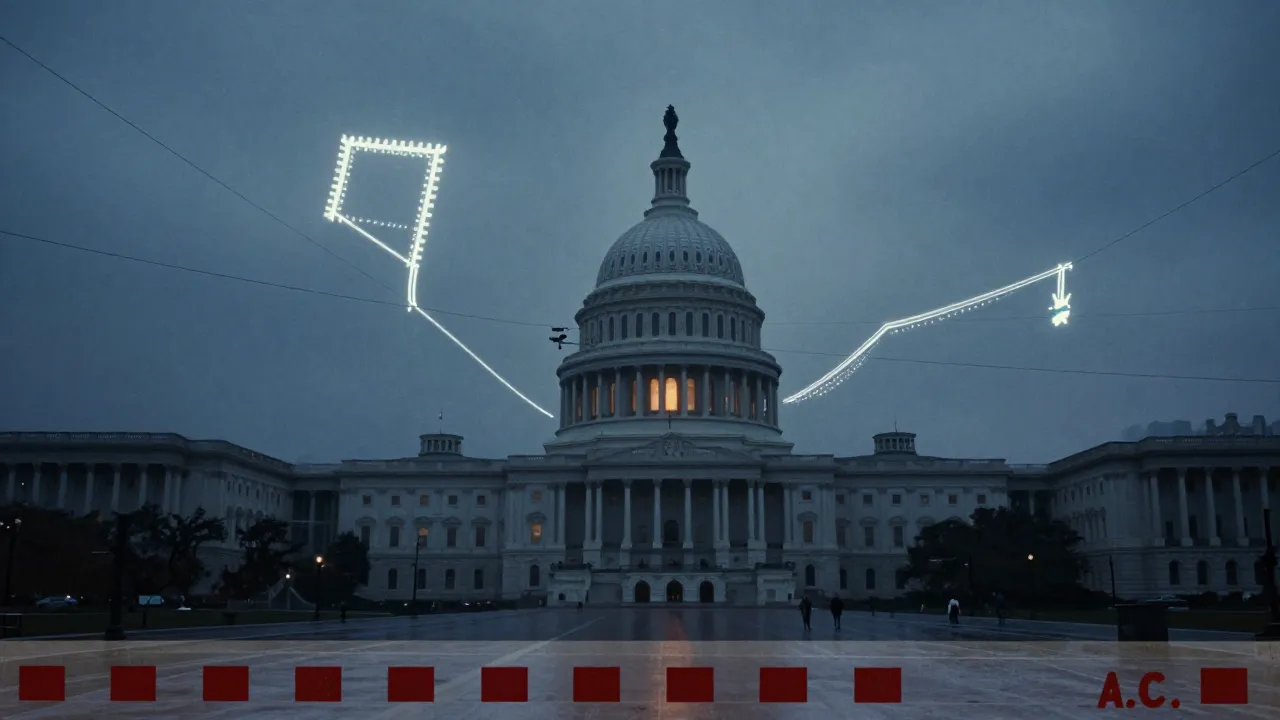 The Washington Capitol framed by glowing cables forming an official stamp projected into the night sky.