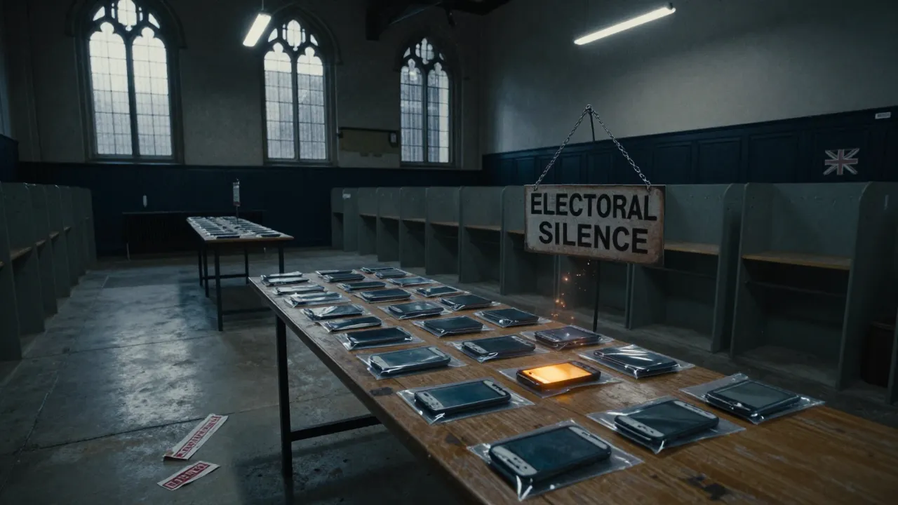 Un bureau de vote britannique désert, à l'heure de fermeture, avec un panneau "silence électoral" et des téléphones portables verrouillés posés sur une table.