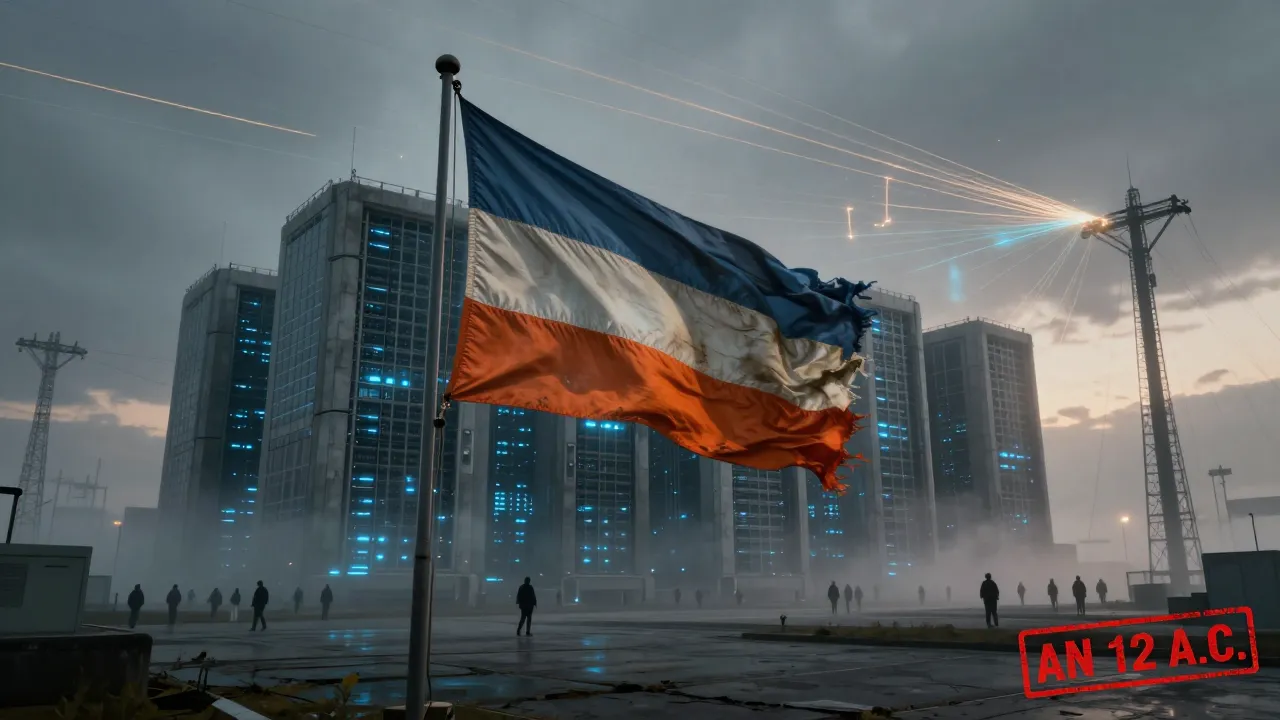 A massive high-tech data center with a futuristic look, French flag flying in front, under a night sky streaked with glowing cables.