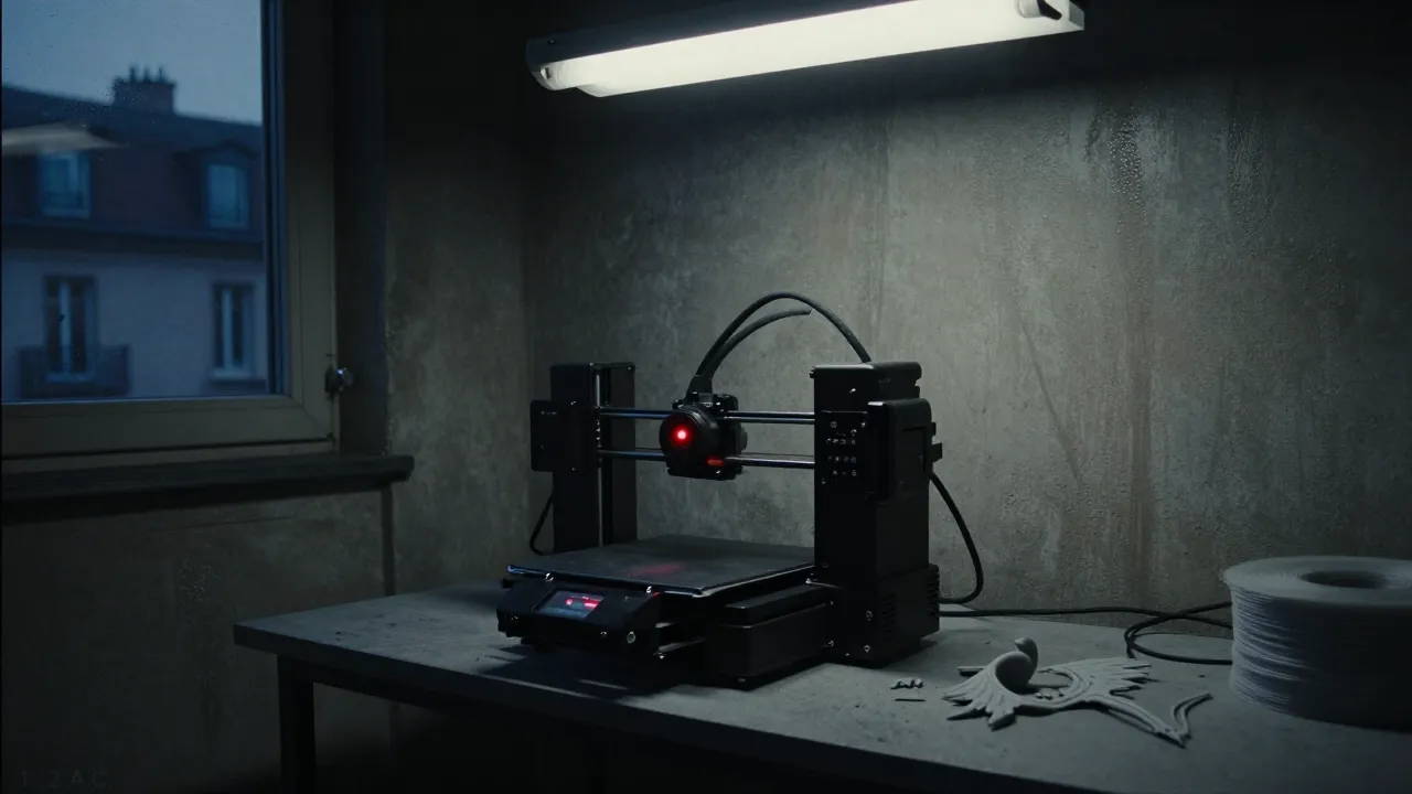 A home 3D printer in a garage, with a small red LED blinking on its frame, like an electronic eye watching the room.