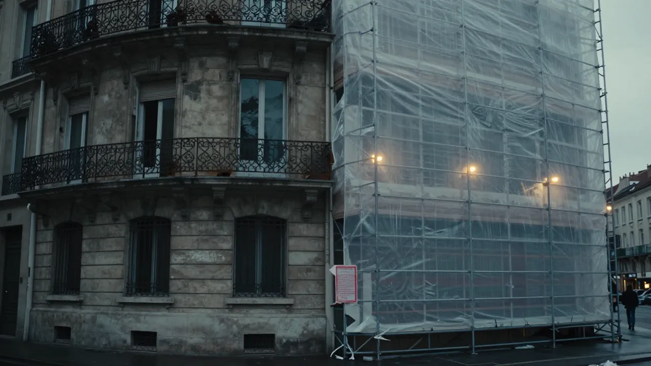 An old residential building half-covered in scaffolding with new insulation panels on one facade and a faded stone wall on the other.