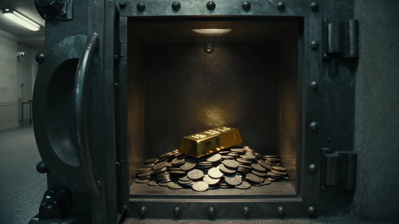 A gold bar resting on a pile of ancient coins, illuminated by a golden light in a half-open safe.
