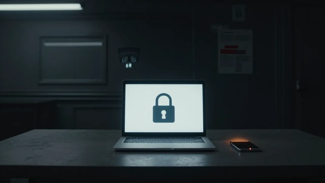 Un ordinateur portable ouvert dans une pièce sombre, l'écran affichant un cadenas lumineux, avec un smartphone posé à côté.