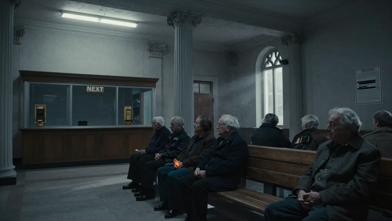 A room of retirees sitting in a queue in front of an empty administrative counter.