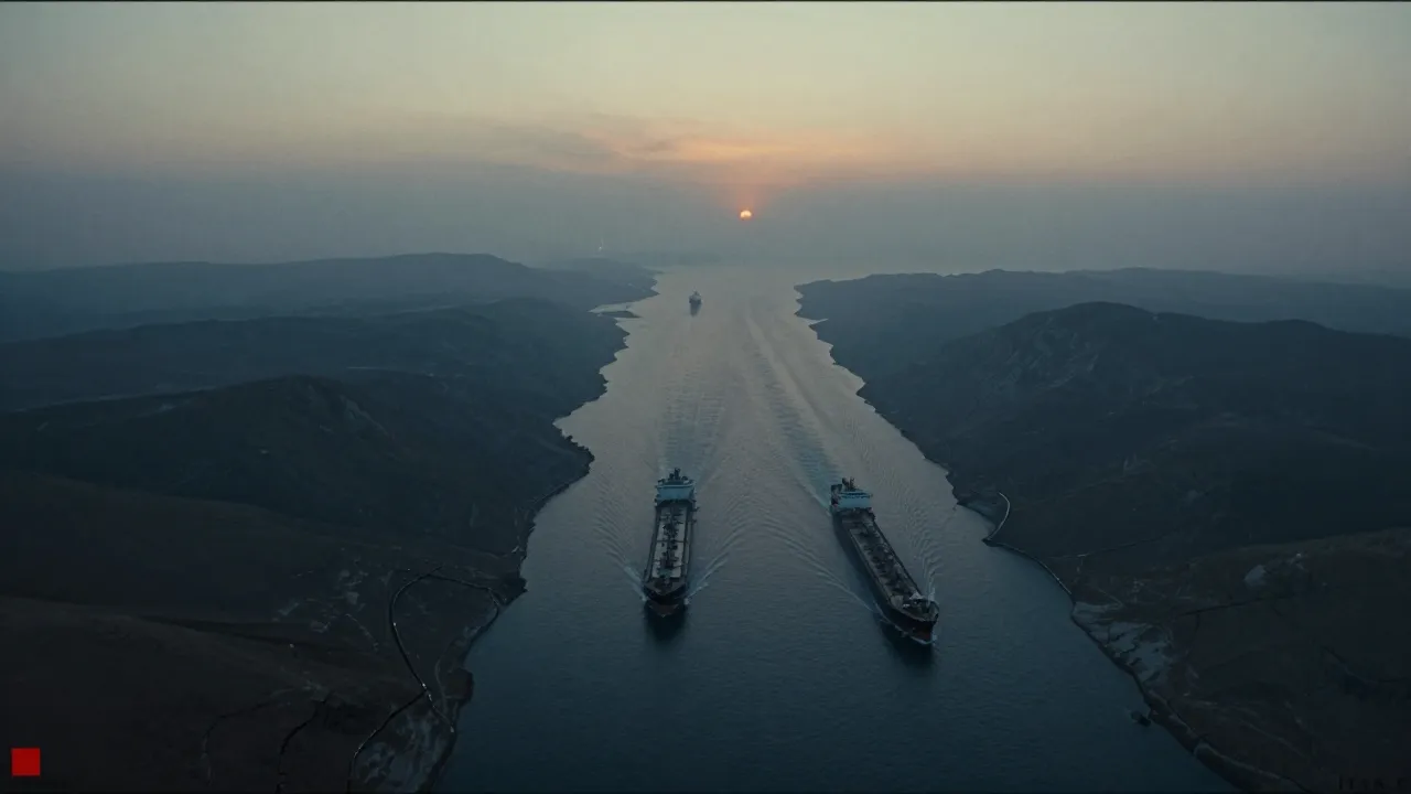 Vue aérienne de deux couloirs de navires pétroliers se séparant dans un détroit maritime resserré entre des côtes montagneuses arides.