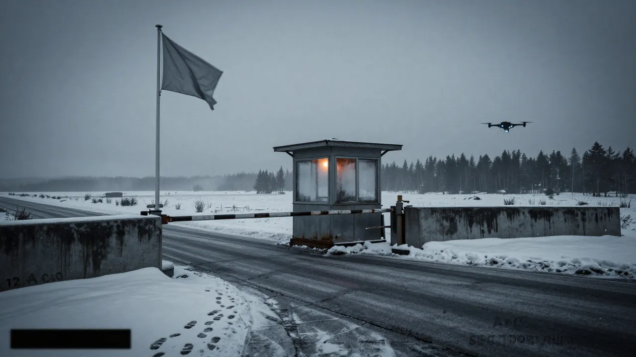 An isolated Swedish border post under a grey Nordic sky, a Swedish flag fluttering near an empty control booth.