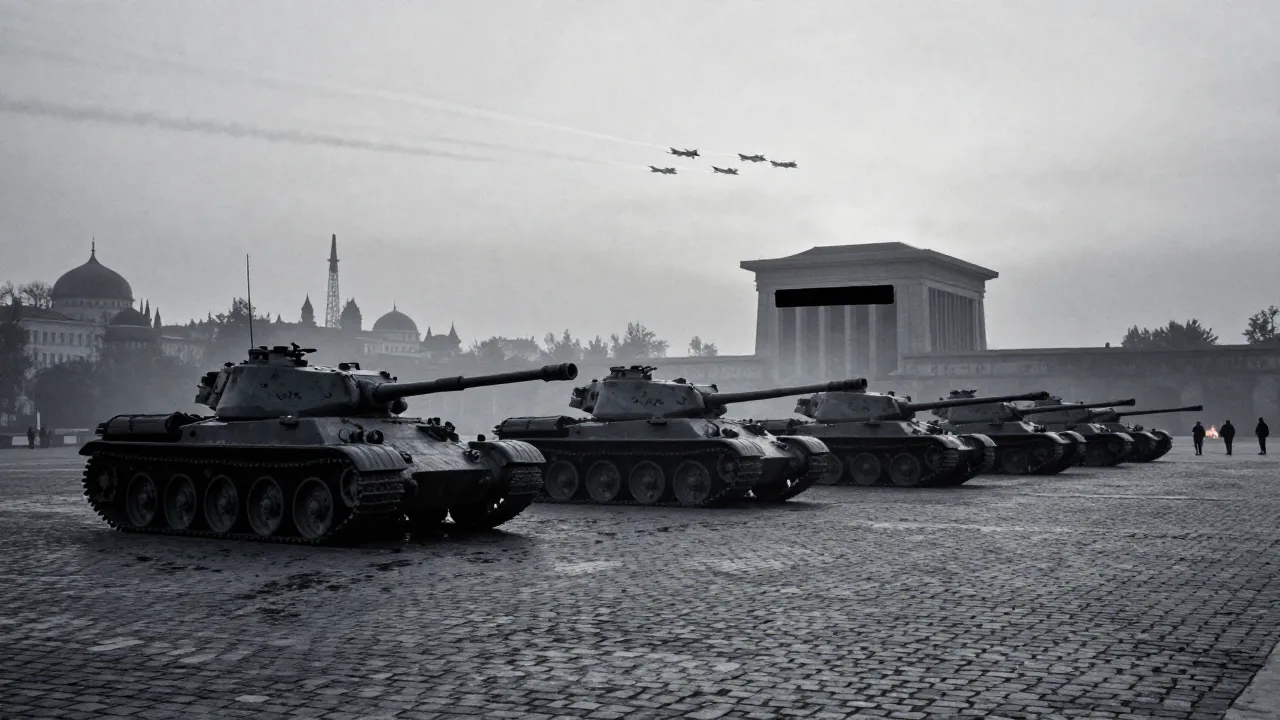 T-90 tanks parading on Red Square in front of Lenin's Mausoleum, under a gray sky crossed by fighter jets in formation.