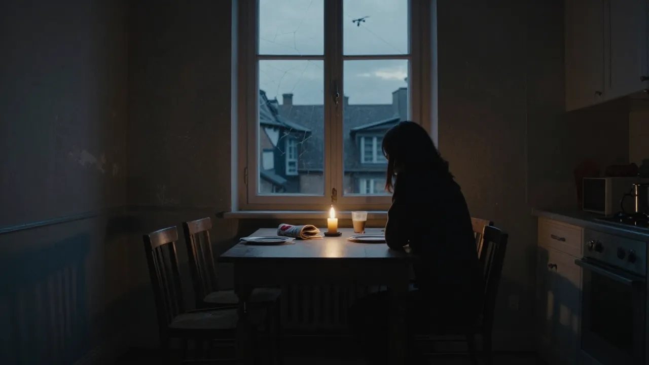 An empty family kitchen table with four chairs, only one of which is occupied, evening light streaming through a window.