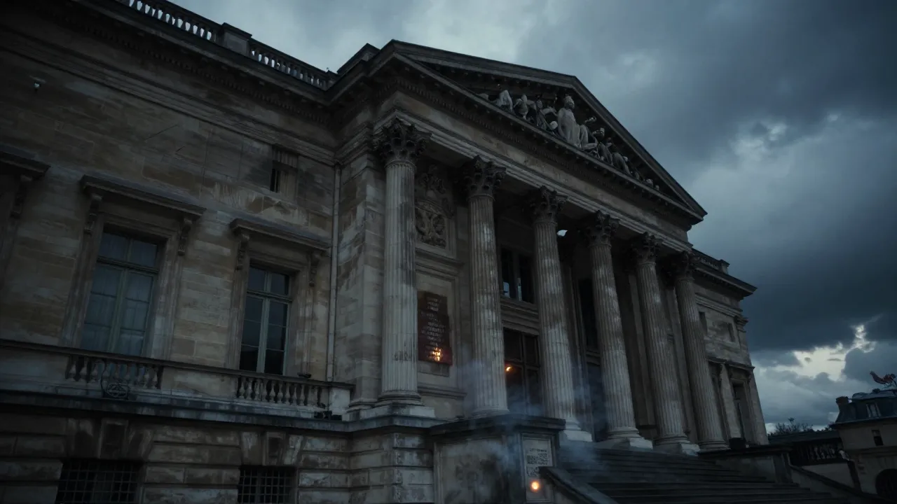 La façade néoclassique du Palais Brongniart à Paris, photographiée en contre-plongée sous un ciel gris orageux.