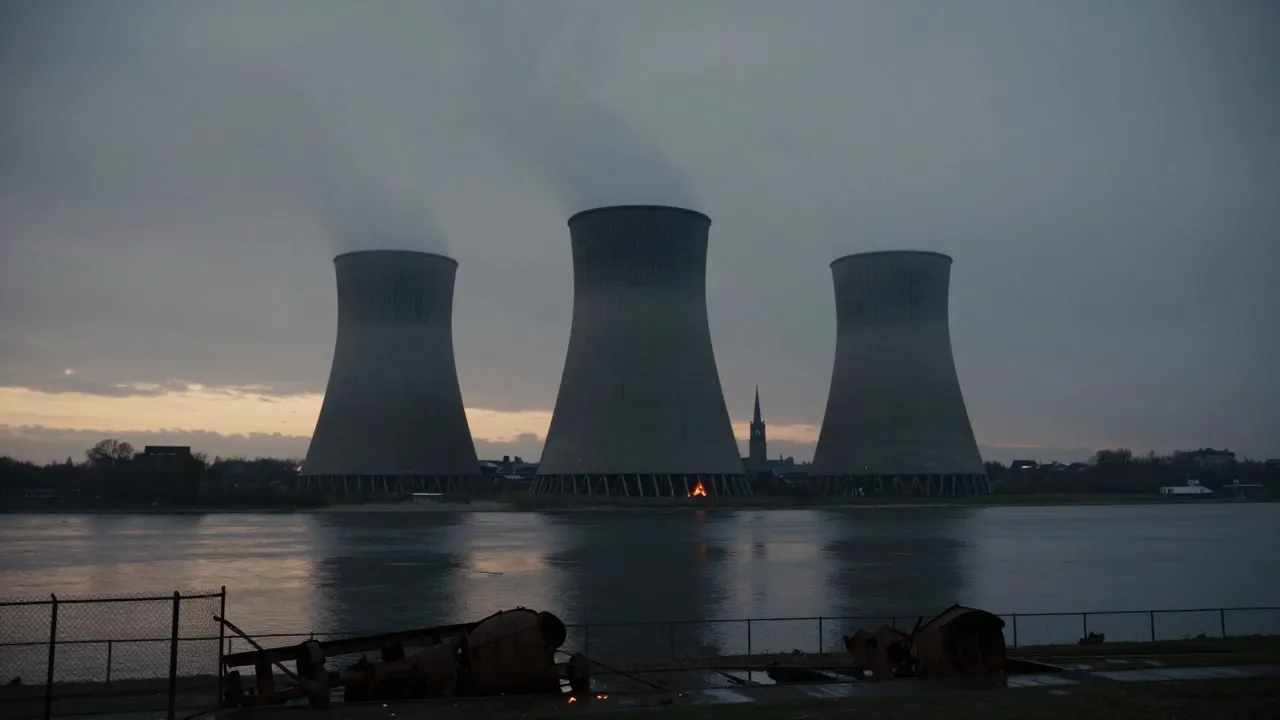 The cooling towers of the Doel nuclear power plants on the banks of the Scheldt, under a grey sky.