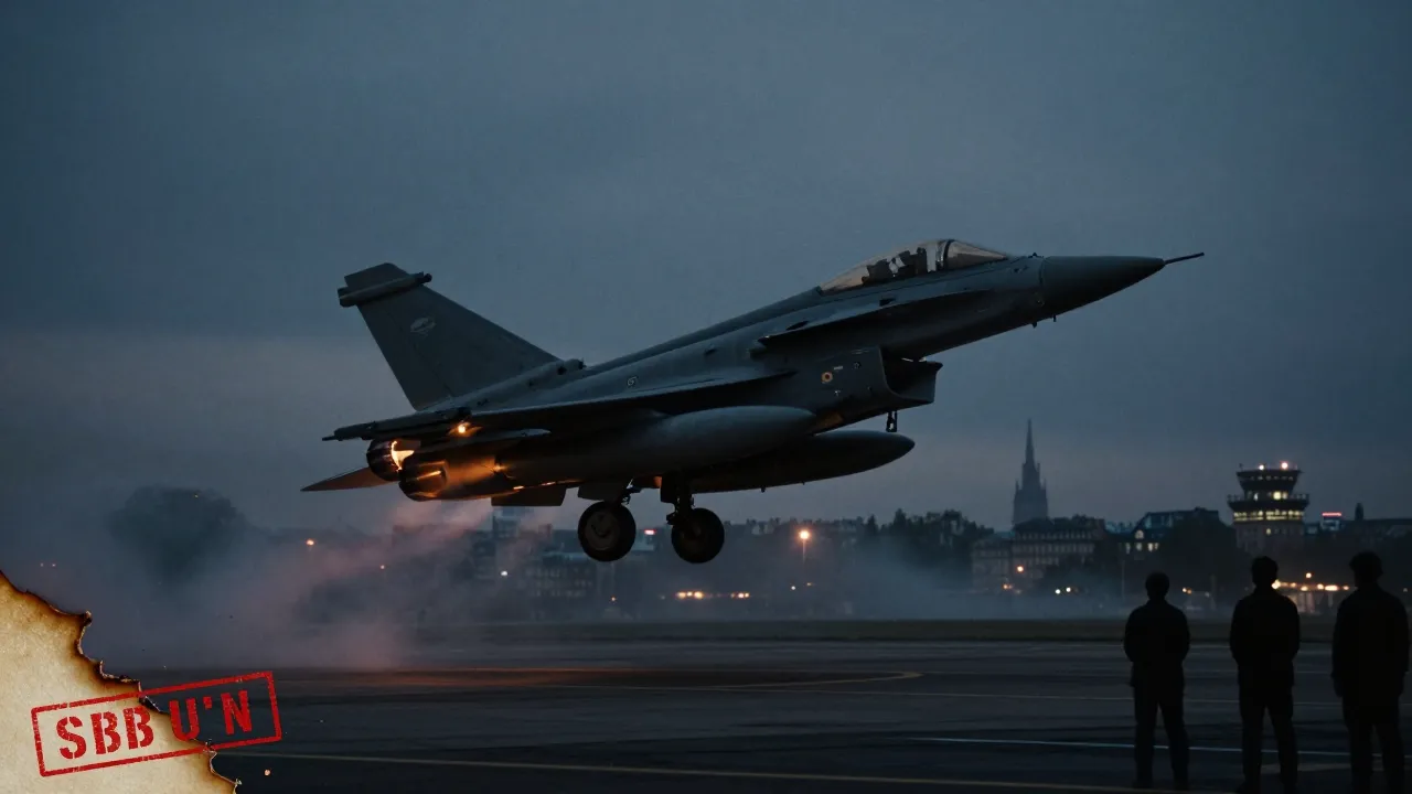 A Rafale fighter jet taking off from a military base at dusk, a symbol of French nuclear deterrence.