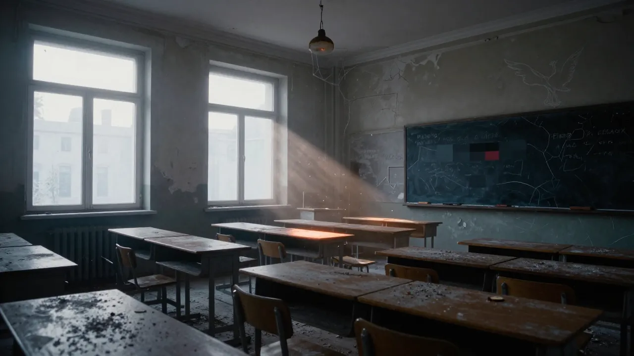 An empty, dusty classroom, with a cracked blackboard and abandoned desks bathed in a pale, bleak light.