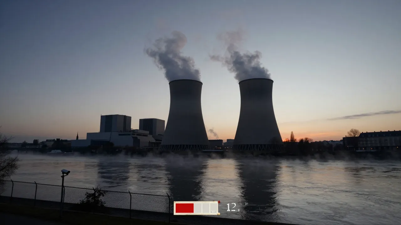 A French nuclear power plant on the banks of a river, its cooling towers releasing steam under a clear sky.
