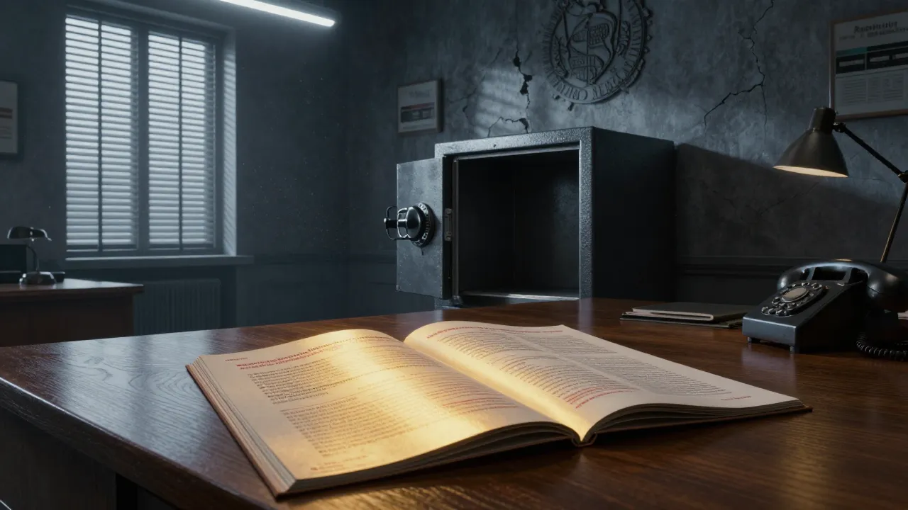 A bank advisor's desk with a glossy financial brochure lying on the table, next to a half-open and empty safe.