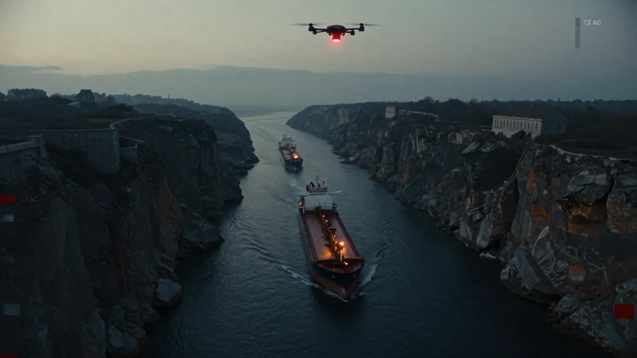 A narrow maritime strait seen from the sky, where a line of tankers and container ships pass each other between two close rocky coasts.