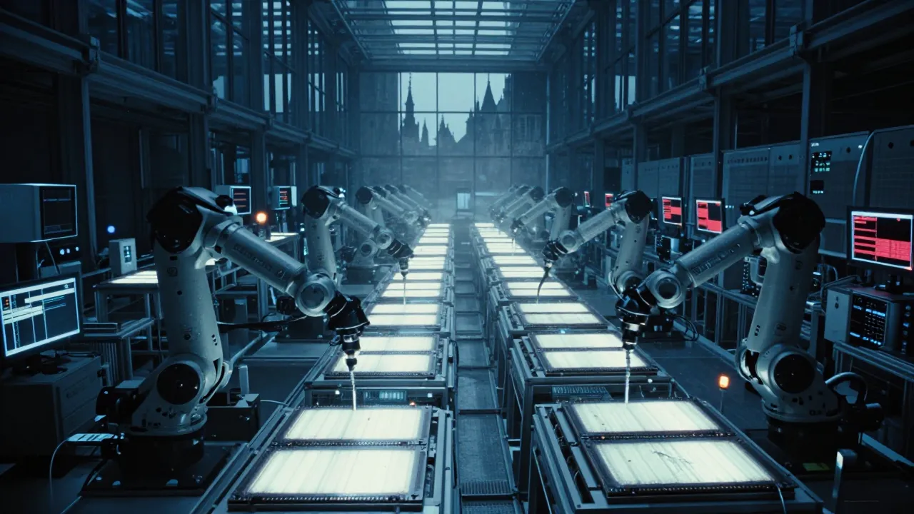 An ultra-modern microchip manufacturing facility, a high-tech cleanroom with silicon wafers under bluish lights.