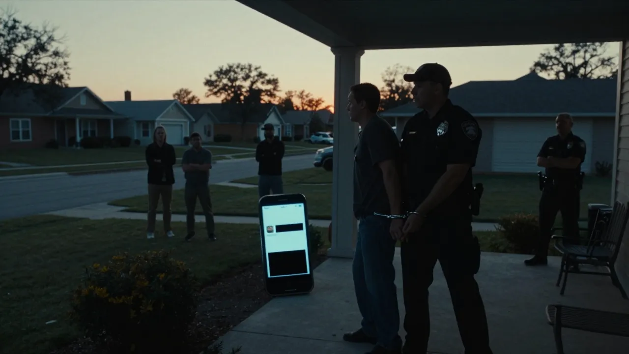 A police officer handcuffs a man on the porch of his suburban Texas home, under the worried gaze of neighbors, while a smartphone displaying a screenshot sits on the garden table nearby.
